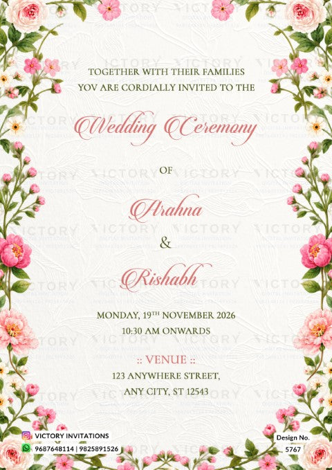 Delicate pink floral wedding invitation for Arahna and Rishabh with a decorative flower arch border on an embossed white background.