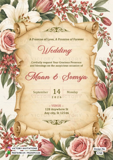 Vintage parchment scroll wedding invitation for Maan and Somya, surrounded by pink roses, white lilies, and botanical greenery.