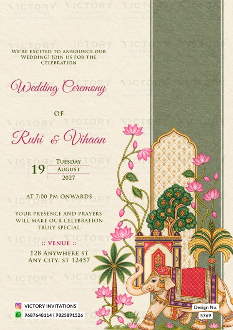Traditional Indian royal-themed wedding invitation for Ruhi and Vihaan featuring a decorated elephant, lotus flowers, and a textured olive green panel.