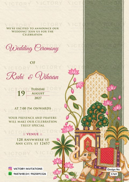 Traditional Indian royal-themed wedding invitation for Ruhi and Vihaan featuring a decorated elephant, lotus flowers, and a textured olive green panel.