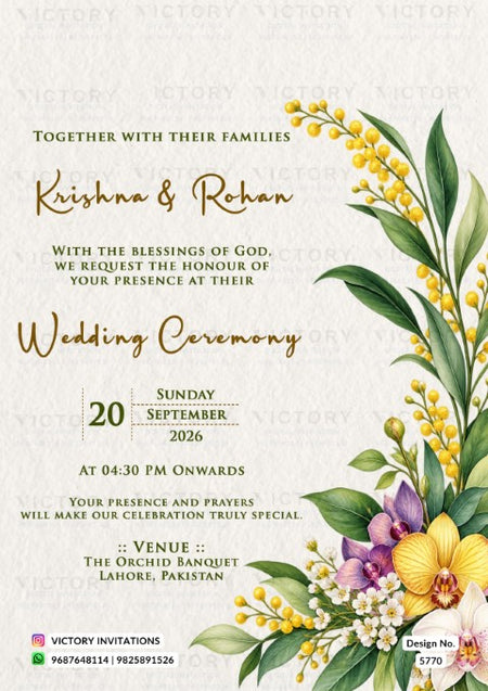 Vibrant floral wedding invitation card for Krishna and Rohan featuring yellow orchids, purple blossoms, and golden mimosa branches on a light textured background.