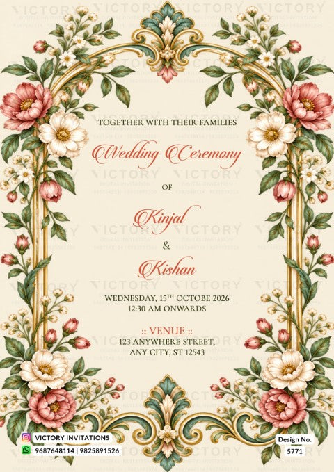 Vintage baroque-style wedding invitation for Kinjal and Kishan framed in an ornate gold arch with pink and white floral garlands.