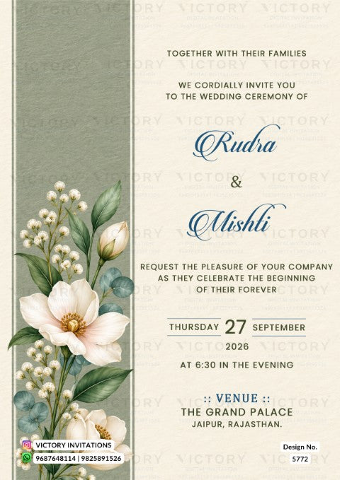 Modern botanical wedding invitation card for Rudra and Mishti featuring white blossoms and eucalyptus leaves on a vertical sage green panel.