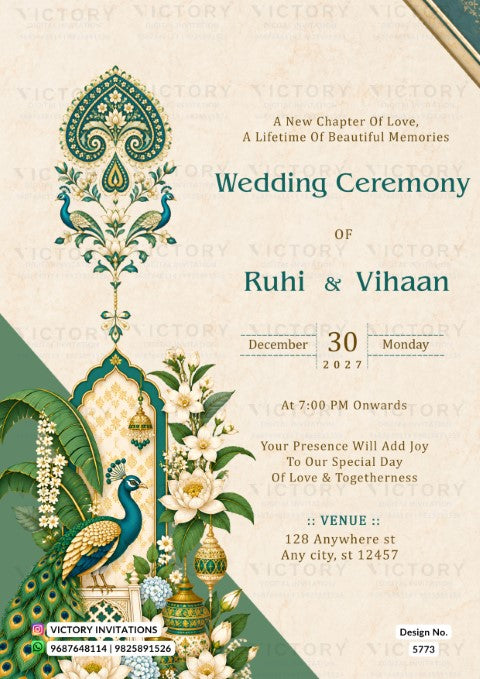 Traditional emerald and teal peacock-themed Indian wedding invitation for Ruhi and Vihaan with ornamental archways and white blossoms.