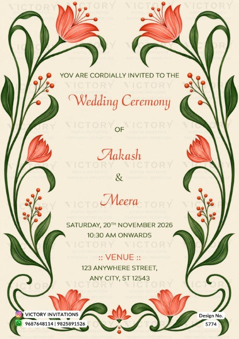 Elegant Art Nouveau-style wedding invitation for Aakash and Meera framed by stylized coral pink tulips and dark green curving vines.