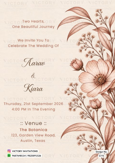 Monochromatic dusty-rose wedding invitation card for Aarav and Kiara featuring hand-drawn botanical illustrations of cosmos flowers and foliage.