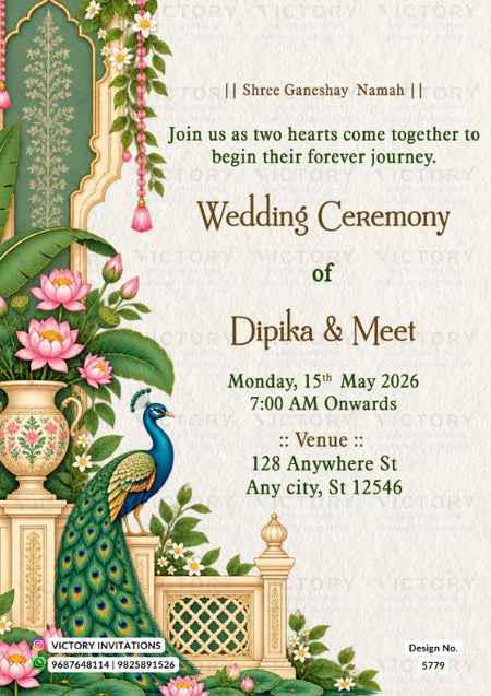A decorative wedding invitation card with an ornate Indian-inspired design. The card features a peacock, pink lotus flowers, a golden archway, and elegant typography reading 'Wedding Ceremony of Dipika & Meet' with event details.