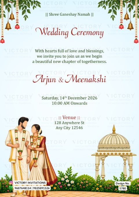 A digital Indian wedding invitation card template featuring a light blue background, red and black text, decorative hanging bells and green leaves at the top, and an illustration of a bride and groom under a domed pavilion at the bottom. The brand name 'VICTORY INVITATIONS' is watermarked across the image.