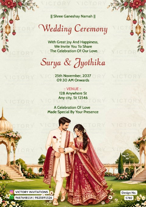 A wedding invitation card for Surya & Jyothika, featuring a traditional Indian wedding theme. The top half has elegant red and black text on a cream background with floral corner decorations and hanging lanterns.