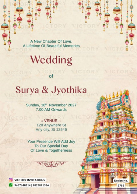 A digital preview of a Hindu wedding invitation card featuring a traditional Tamil Gopalakrishnanar temple illustration on the bottom right, hanging ornate lanterns at the top, and event details for Surya & Jyothika on a textured cream background.