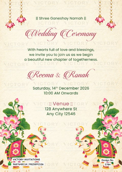 A wedding invitation card design with a cream background, pink and green floral illustrations, and two decorated elephants at the bottom. The text reads 'Wedding Ceremony' and includes event details for Reema & Ranak on Saturday, 14th December 2026, at 128 Anywhere St, Any City 12545.