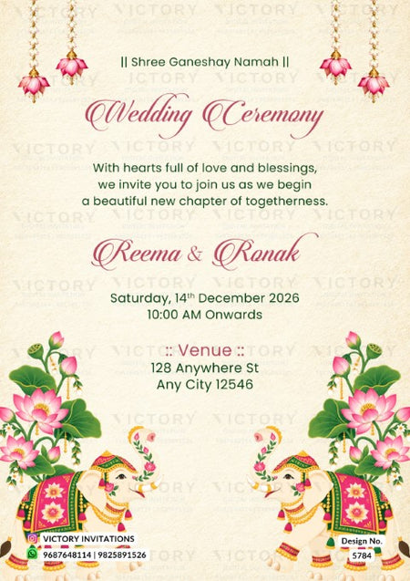 A wedding invitation card design with a cream background, pink and green floral illustrations, and two decorated elephants at the bottom. The text reads 'Wedding Ceremony' and includes event details for Reema & Ranak on Saturday, 14th December 2026, at 128 Anywhere St, Any City 12545.