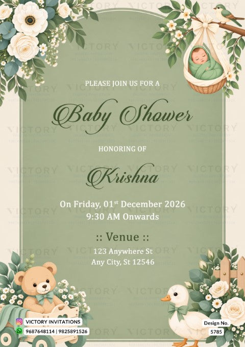 A baby shower invitation card with a sage green background, decorated with white flowers, green leaves, a teddy bear, a duck, and a baby in a hanging basket. The text reads 'Please join us for a Baby Shower honoring of Krishna' with event details below.