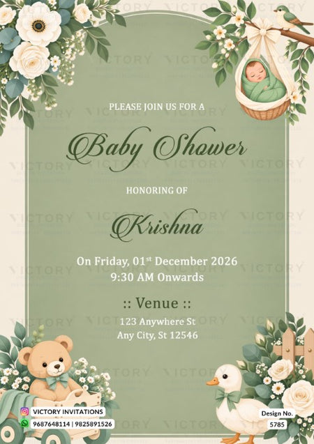 A baby shower invitation card with a sage green background, decorated with white flowers, green leaves, a teddy bear, a duck, and a baby in a hanging basket. The text reads 'Please join us for a Baby Shower honoring of Krishna' with event details below.