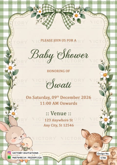 A baby shower invitation card with a green and white gingham border, floral accents, cartoon bunny and deer illustrations, and event details for Swati.