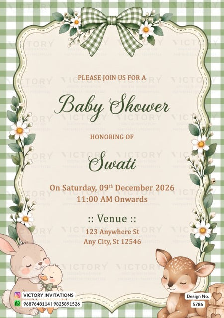 A baby shower invitation card with a green and white gingham border, floral accents, cartoon bunny and deer illustrations, and event details for Swati.
