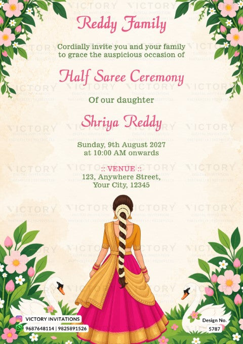 A digital invitation card for a Hindu Half Saree Ceremony, featuring a vintage cream background decorated with green leaves, pink flowers, and a traditional Indian girl in a pink and gold saree at the bottom. The text details the event for 'Shriya Reddy' by 'Reddy Family'.