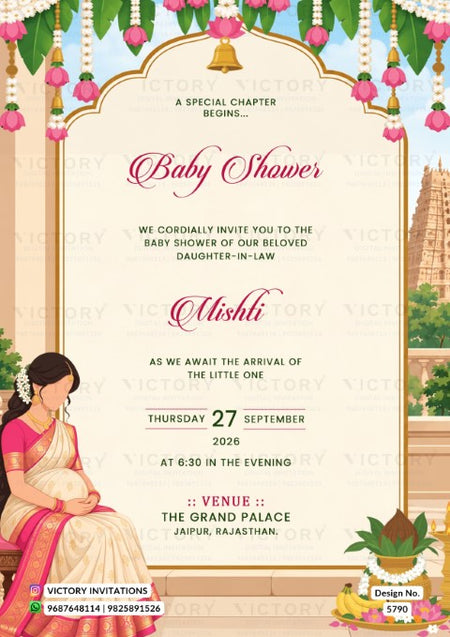 A baby shower invitation card design with a cream central panel framed by gold borders, pink floral garlands, hanging bells, and a temple illustration. Text reads 'Baby Shower' and 'Mishli' with event details.