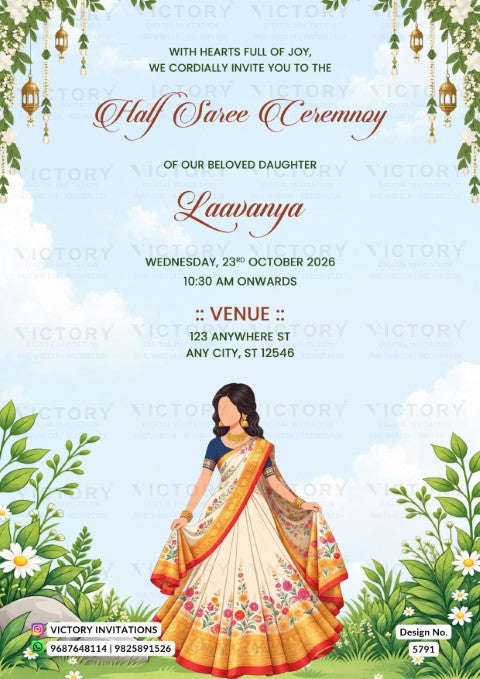 Half Saree ceremony invitation card in english language with Floral Garden theme design 5791
