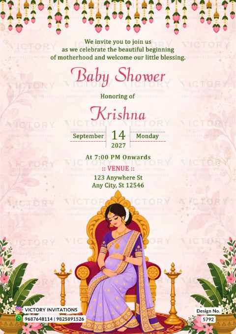 A baby shower invitation card for a baby named Krishna, featuring a pink and white floral background, a seated woman in a purple sari on a golden throne, and decorative hanging flowers at the top.