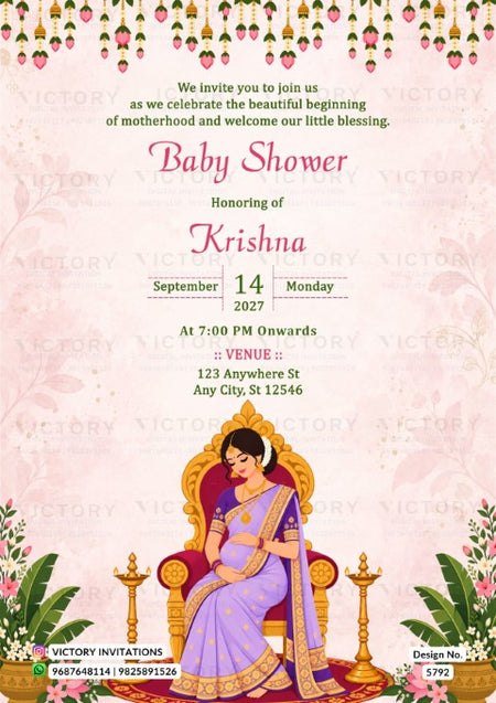 A baby shower invitation card for a baby named Krishna, featuring a pink and white floral background, a seated woman in a purple sari on a golden throne, and decorative hanging flowers at the top.