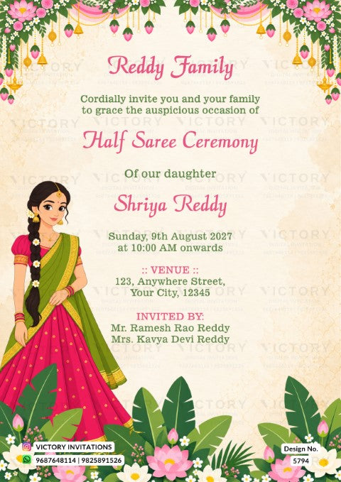 A festive Indian Half Saree Ceremony invitation card for 'Reddy Family' featuring a cartoon illustration of a girl in a pink and green saree, decorated with floral borders and green leaves on a cream background.