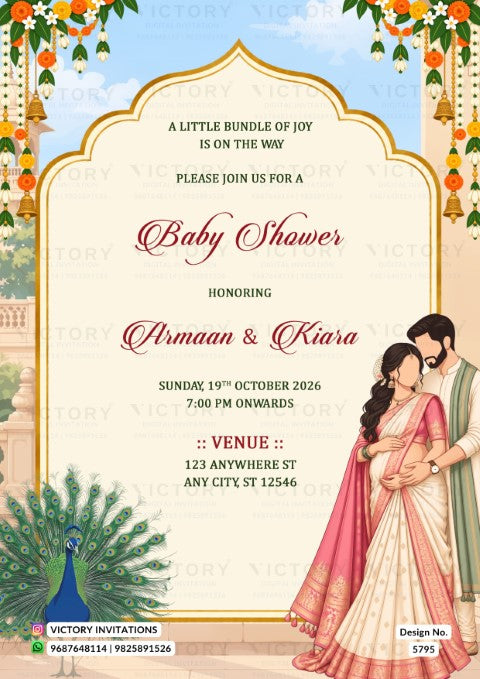 Indian baby shower invitation card featuring a cream central panel with gold border, festive floral garlands, a peacock illustration, and an illustration of a pregnant couple in traditional attire. The text reads 'Baby Shower' and includes event details and the brand 'Victory Invitations'.