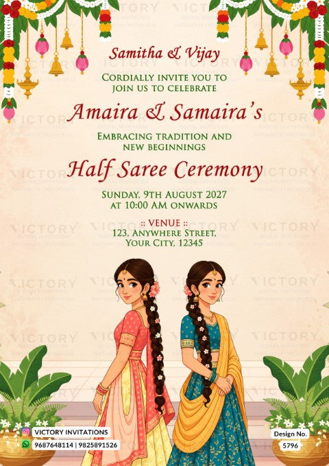 A festive half-saree ceremony invitation card featuring traditional Indian illustration of two girls in colorful sarees, with decorative hanging lamps and garlands at the top and a cream-colored background with elegant text.