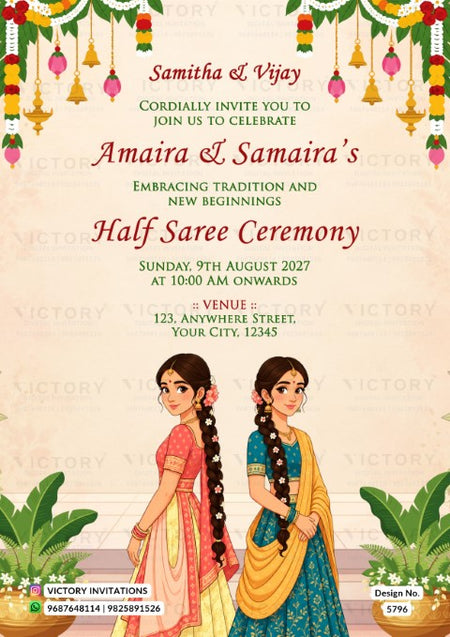A festive half-saree ceremony invitation card featuring traditional Indian illustration of two girls in colorful sarees, with decorative hanging lamps and garlands at the top and a cream-colored background with elegant text.