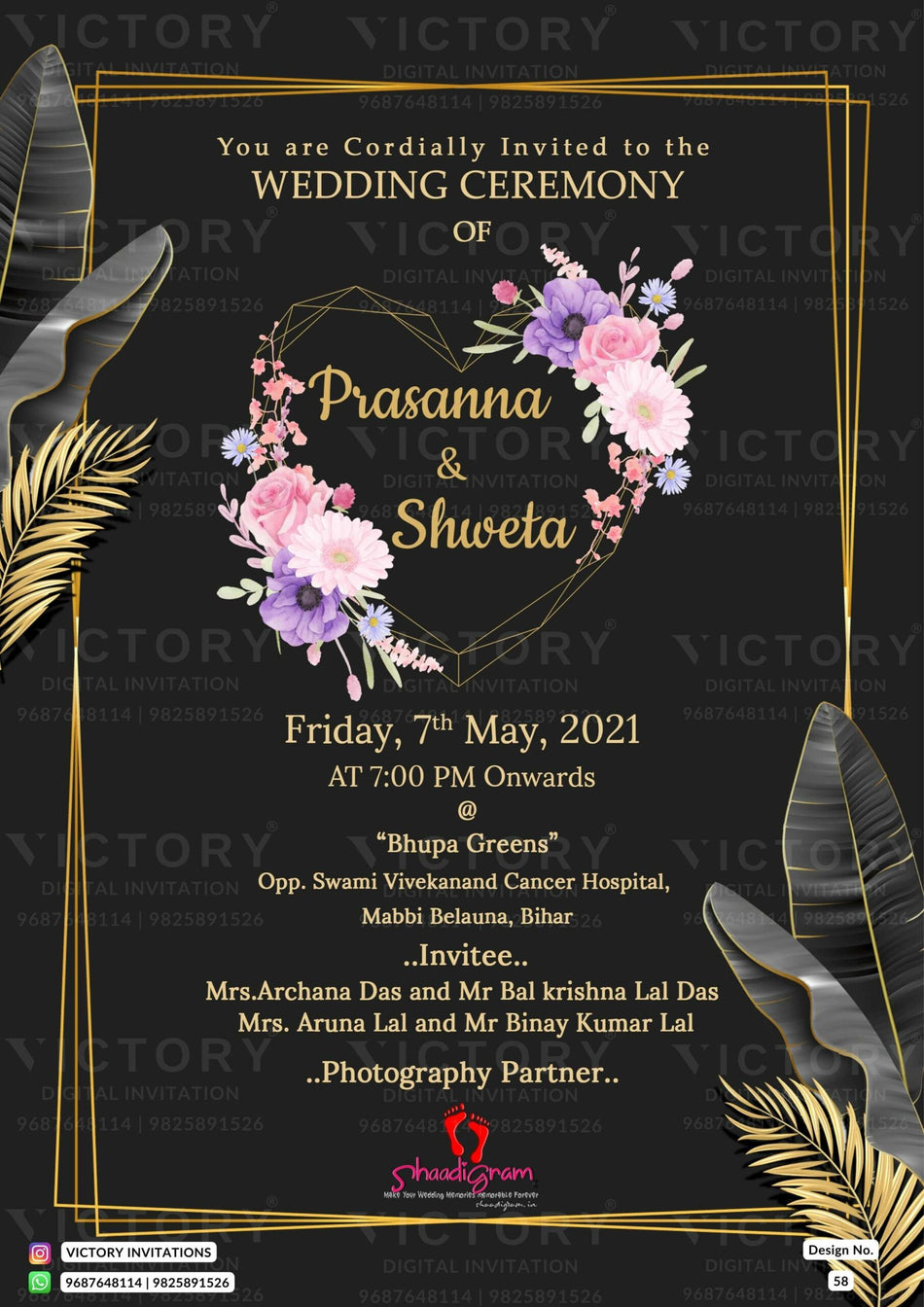 Wedding ceremony invitation card of hindu Bihari family in english language with Artistic leaves theme design 58
