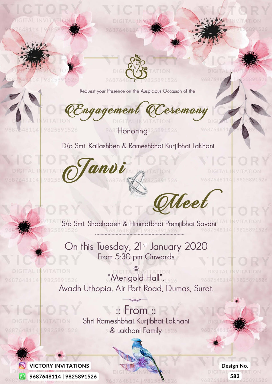 Engagement ceremony invitation card in english language with birds, golden frame as floral theme design 582