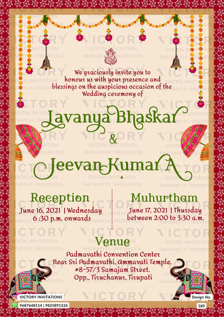 Wedding ceremony invitation card of hindu south indian telugu family in english language with traditional theme design 589