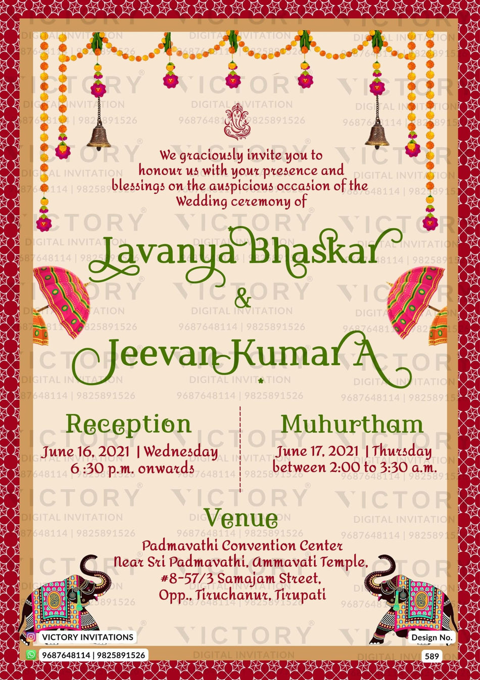Wedding ceremony invitation card of hindu south indian telugu family in english language with traditional theme design 589