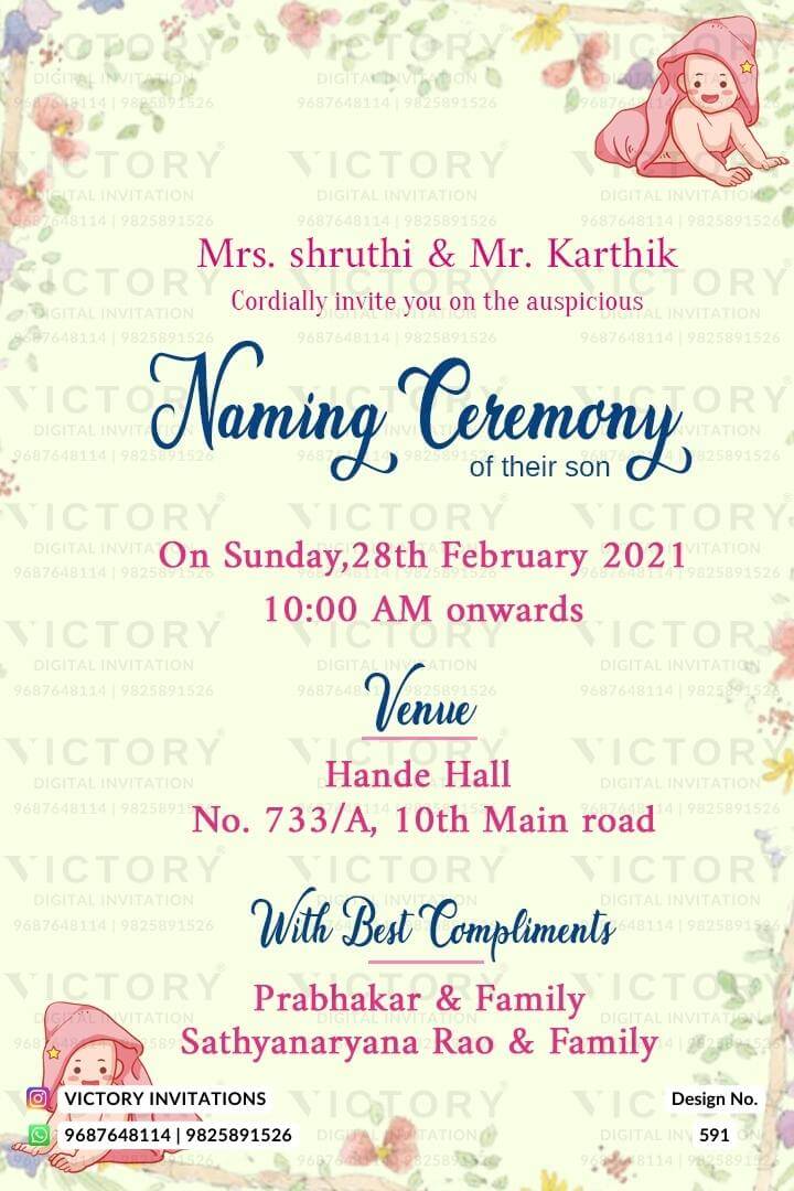 Baby Naming ceremony invitation card in english language with baby doodle, leaves as floral theme design 591