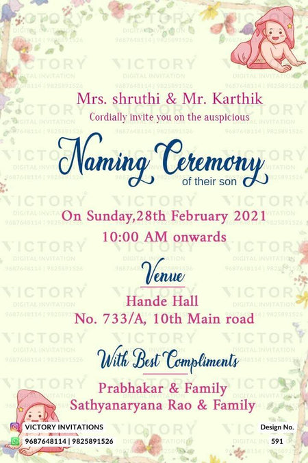 Baby Naming ceremony invitation card in english language with baby doodle, leaves as floral theme design 591