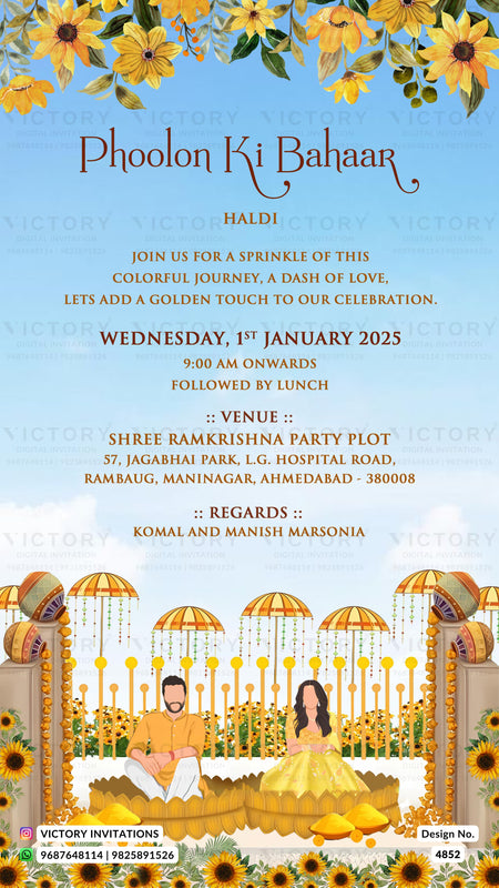 A Haldi party invitation card with a light blue sky background, decorated with yellow sunflowers at the top and a traditional Indian wedding scene at the bottom. The text reads 'Phoolon Ki Bahaar' and details the event for Wednesday, 1st January 2025.
