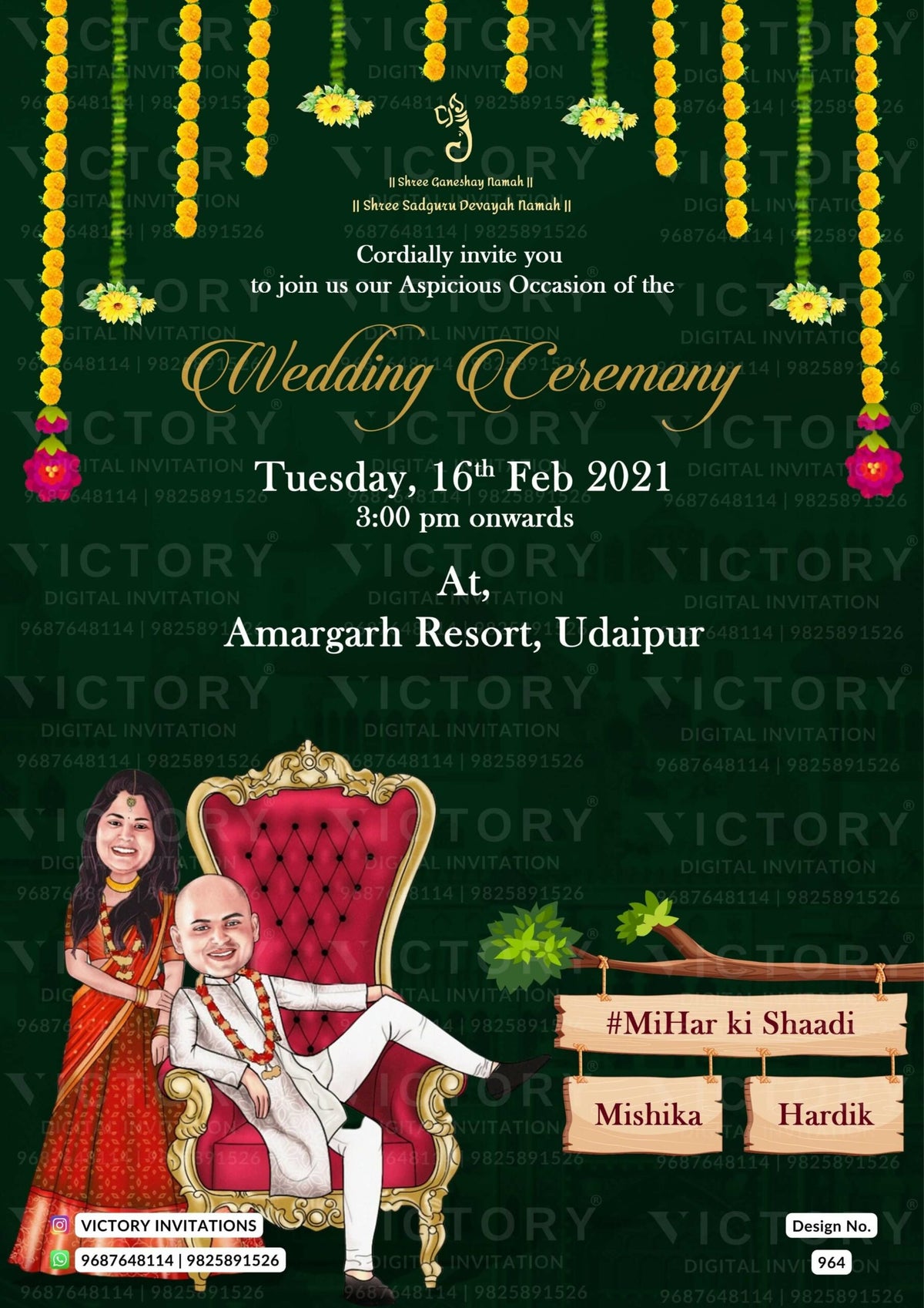 Lavish Pastel and Vibrant Shaded Vintage Floral and Whimsical Theme Indian Wedding E-invites with Stunning Couple Caricature Illustrations