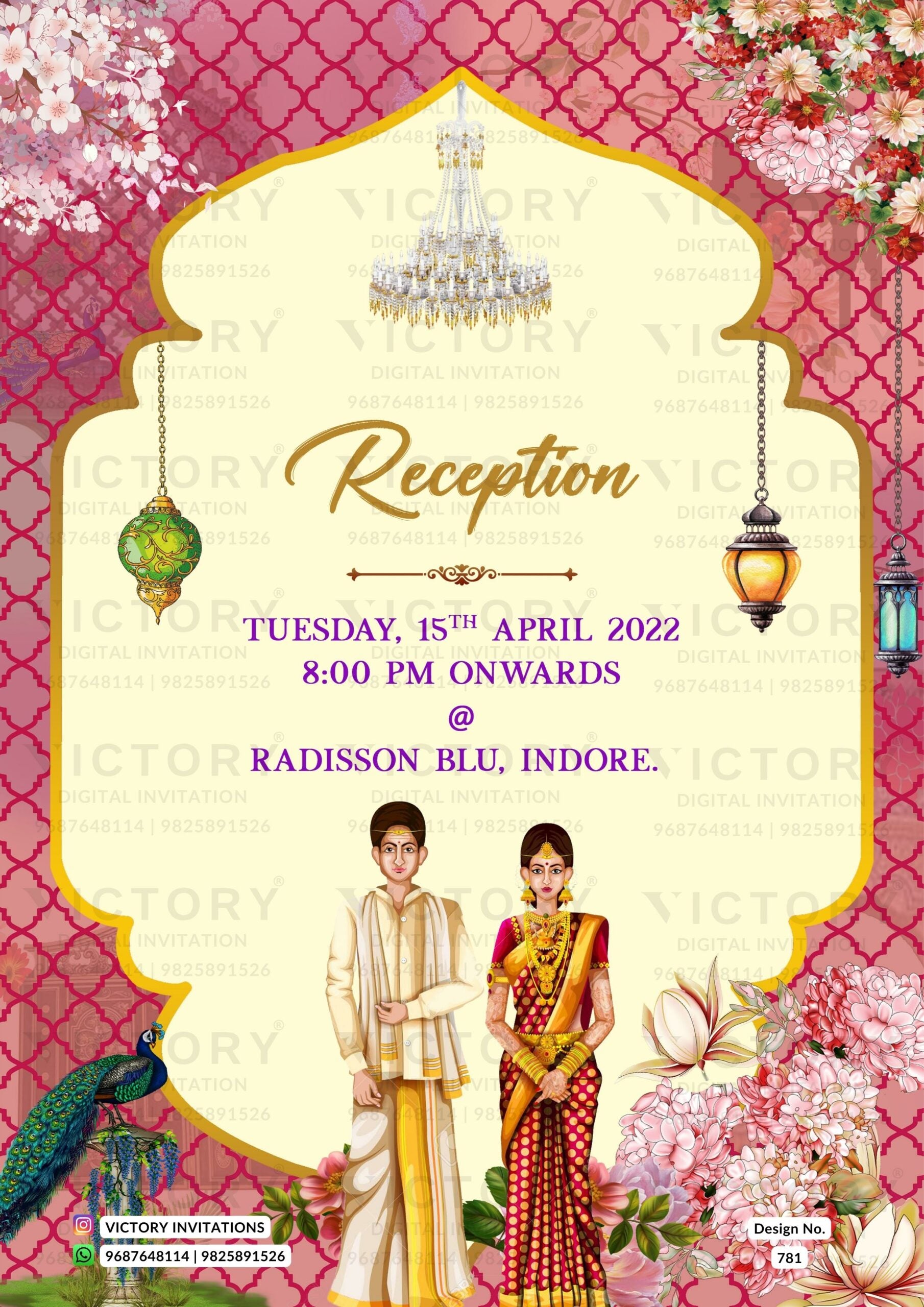 Traditional Beige and Vibrant-Shaded Vintage Floral Theme Digital Wedding Invites with Festive Indian Bride and Groom Doodle