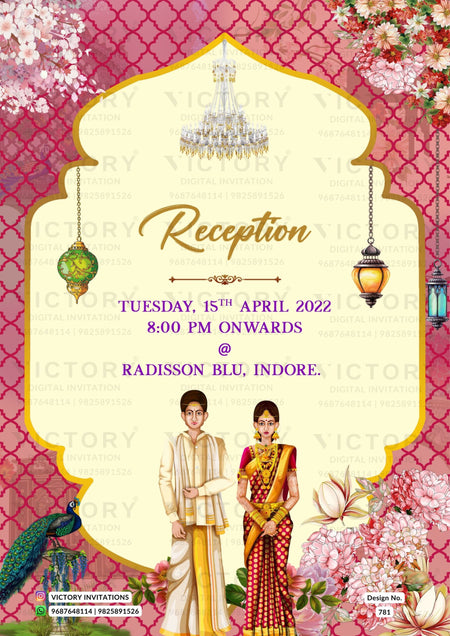 Traditional Beige and Vibrant-Shaded Vintage Floral Theme Digital Wedding Invites with Festive Indian Bride and Groom Doodle
