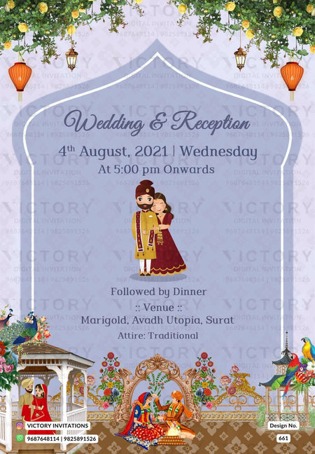 Traditional Pastel Shaded Vintage Theme Lavish Indian Wedding E-invites with Classic Vintage Illustrations and Festive Indian Couple Doodle Illustrations