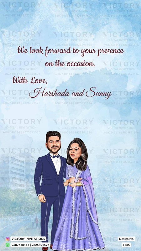 A Breathtaking Wedding Invitation Amidst a Captivating Tapestry of Sky Blue Splashes, Enchanting Caricatures, the Mesmerizing Marine Drive, and Towering Skyscrapers, Design no. 1585
