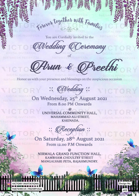 Wedding ceremony invitation card of hindu south indian telugu family in english language with Garden theme design 602