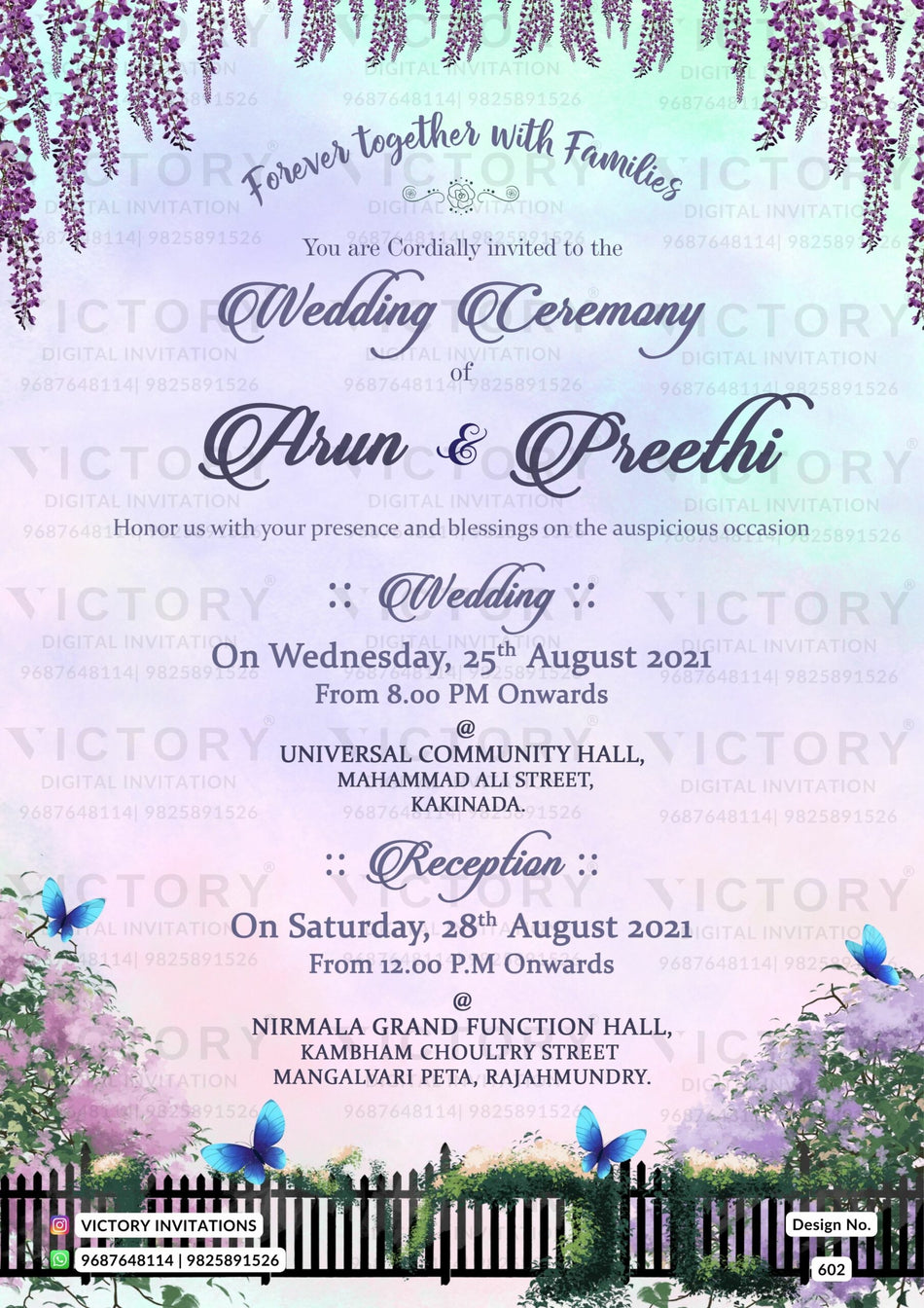 Wedding ceremony invitation card of hindu south indian telugu family in english language with Garden theme design 602