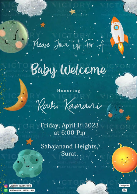 Baby welcome party invitation card in english language with space theme design 604