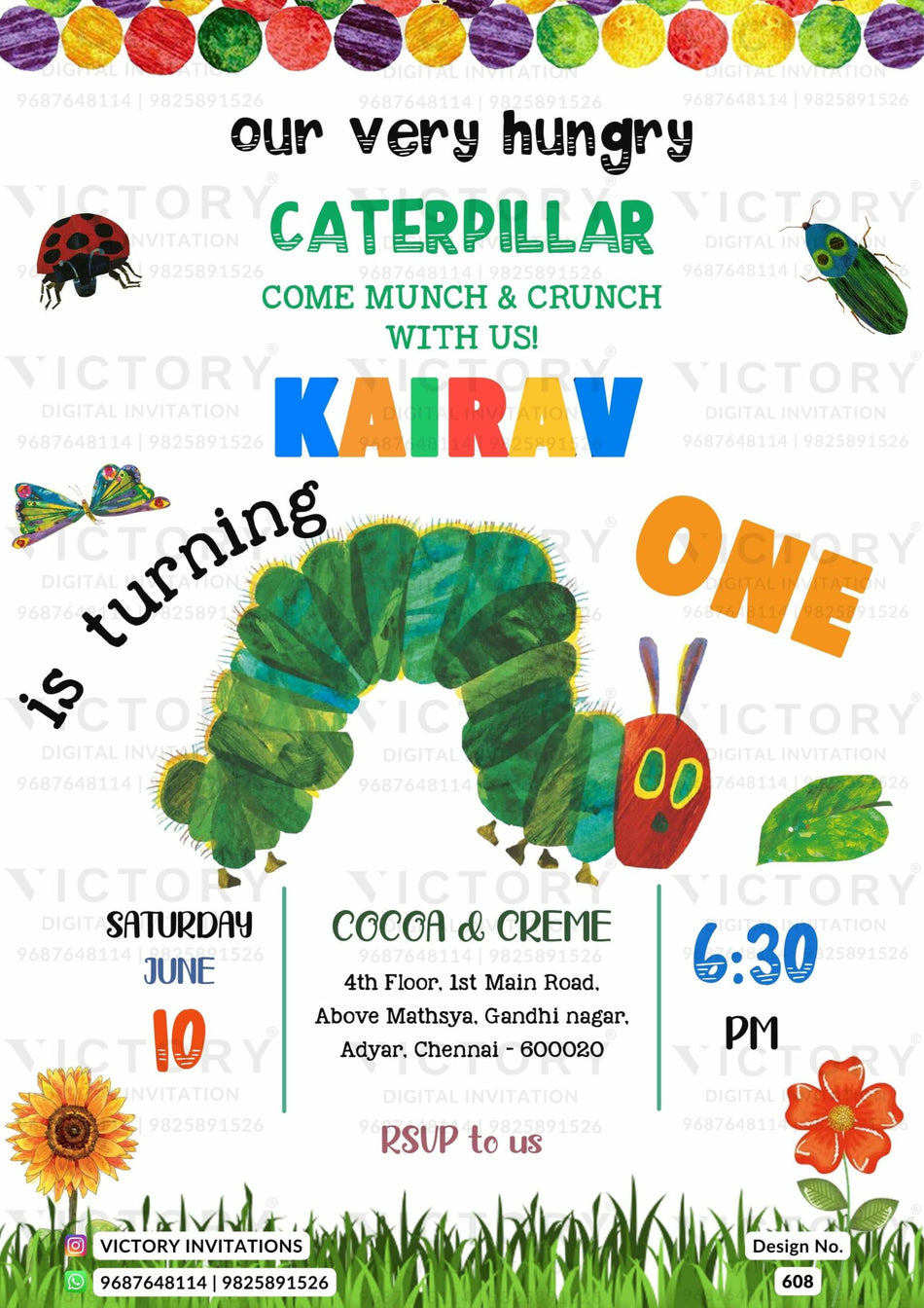 Birthday party invitation card for boy in english language with sunflower, insects as caterpillar theme design 608
