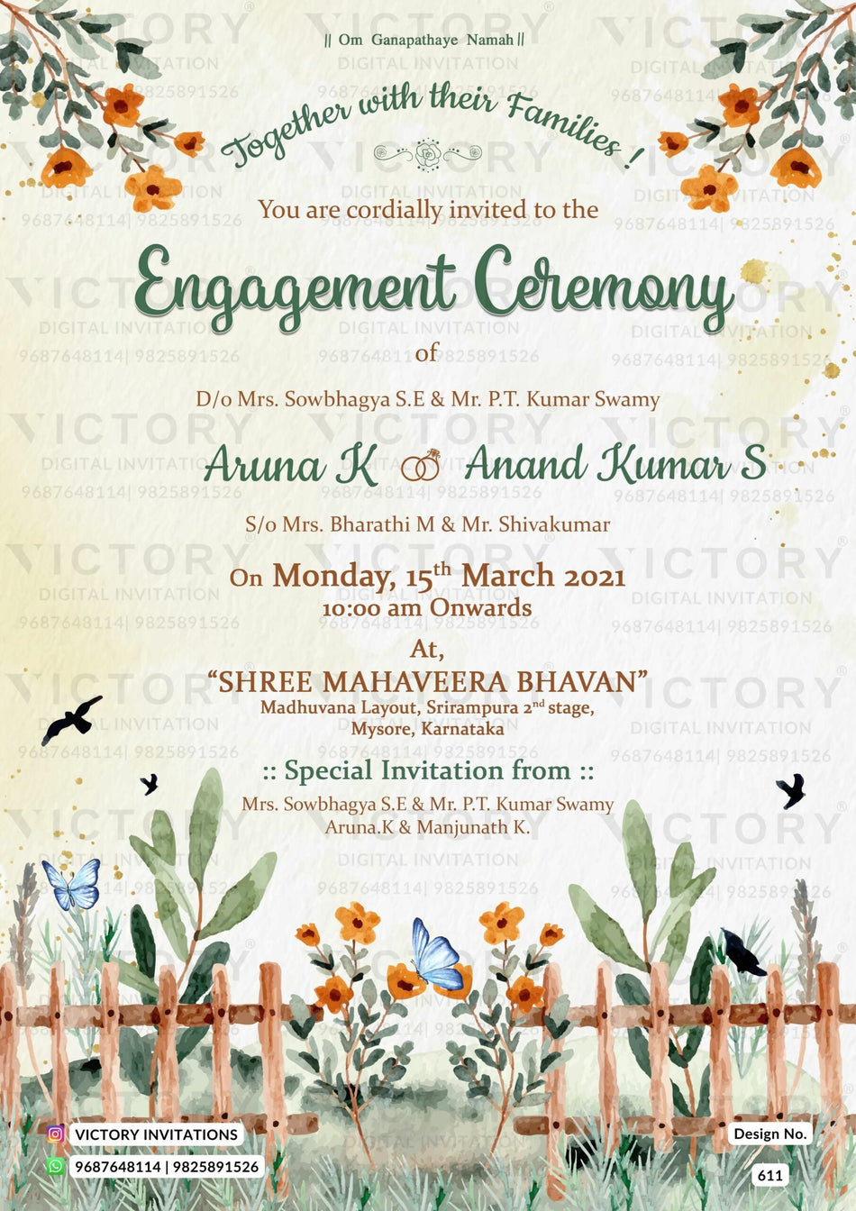 Engagement ceremony invitation card in english language with leaves, flowers as garden theme design 611