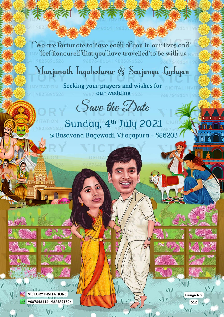 charming couple caricature invitation card for Save the Date in English language with flowers, mountain, tample as garden theme design 612