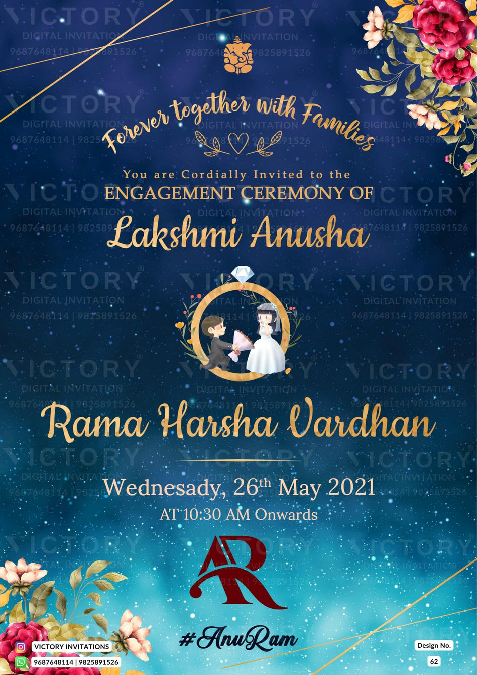 Engagement ceremony invitation card in english language with rose, golden line as glittery theme design 62