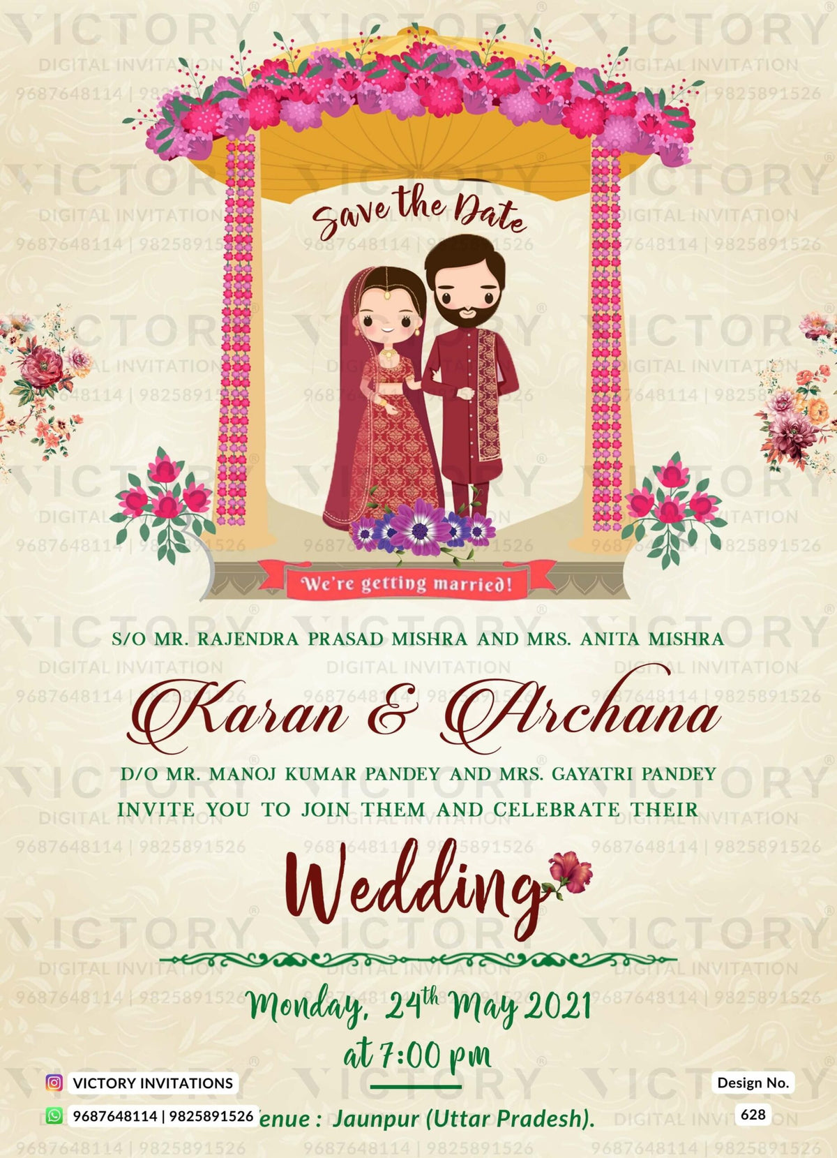Wedding ceremony invitation card of hindu punjabi sikh family in English language with minimalistic theme design 628