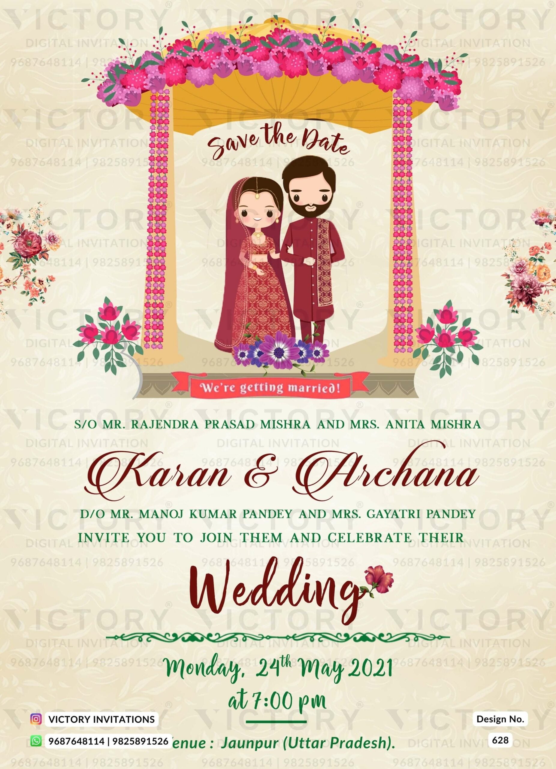 Wedding ceremony invitation card of hindu punjabi sikh family in English language with minimalistic theme design 628